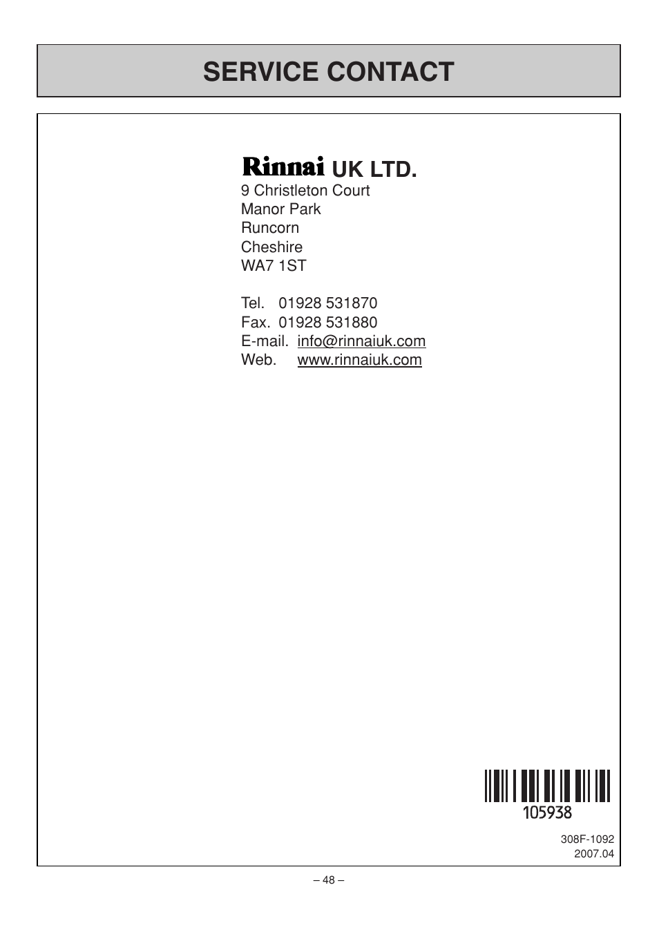 Service contact, Uk ltd | Rinnai RHFE-308 FTR User Manual | Page 48 / 48