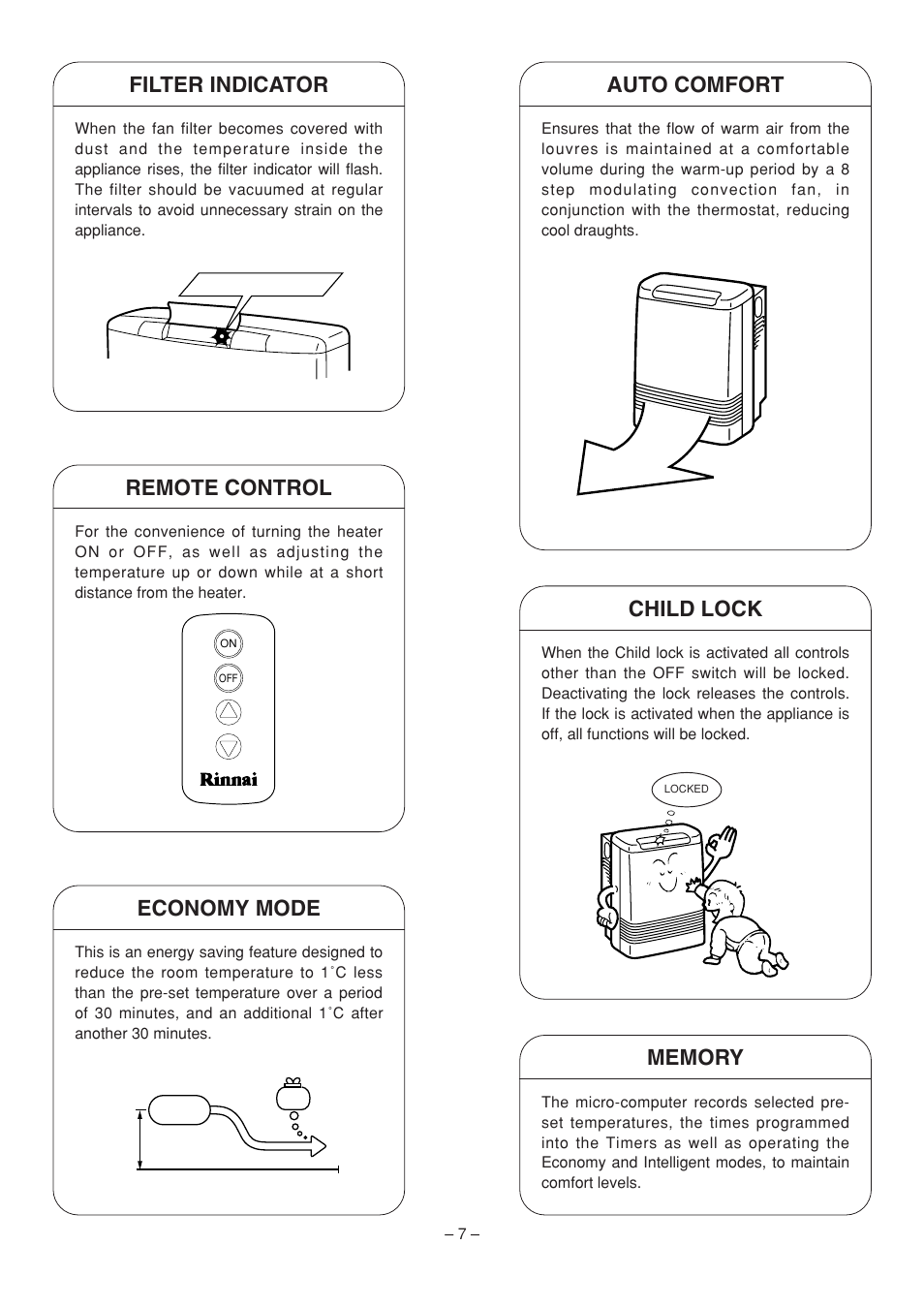 Filter indicator, Remote control, Economy mode | Auto comfort, Child lock | Rinnai RHFE-308 FTR User Manual | Page 7 / 48