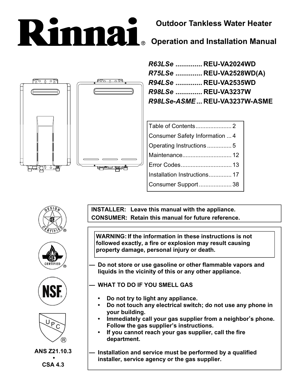 Rinnai R94LSE User Manual | 40 pages