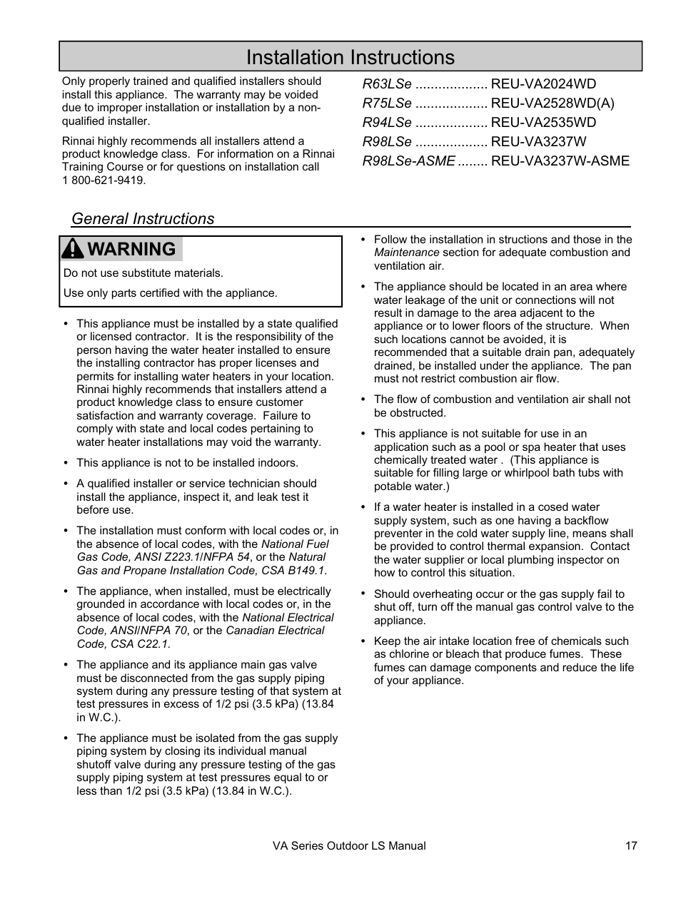 Installation instructions, Warning | Rinnai R94LSE User Manual | Page 17 / 40