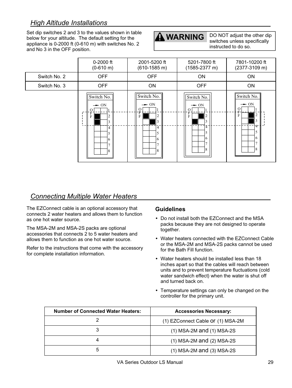 Warning, High altitude installations, Connecting multiple water heaters | Rinnai R94LSE User Manual | Page 29 / 40