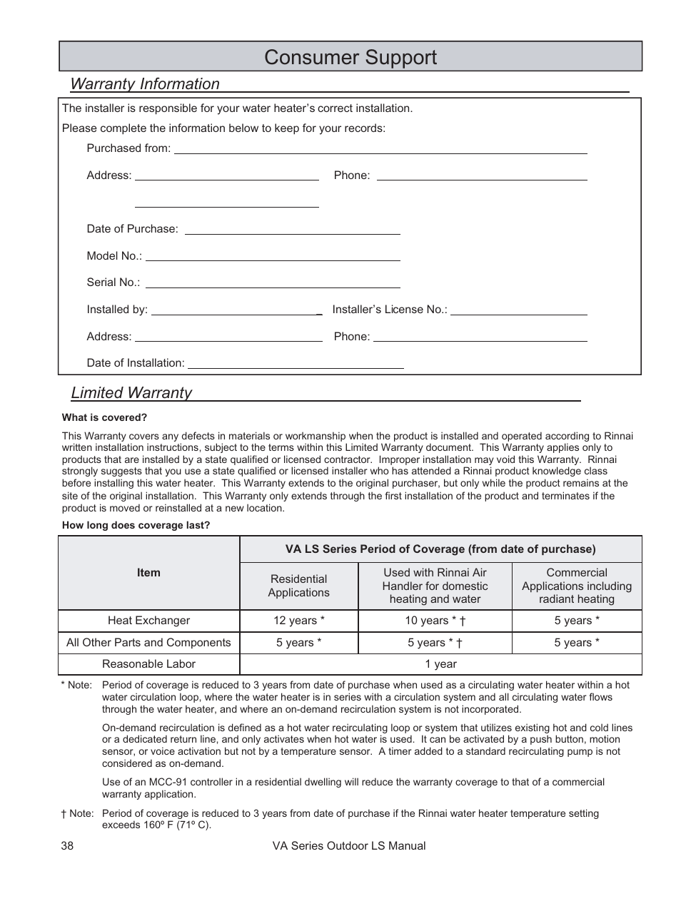 Consumer support | Rinnai R94LSE User Manual | Page 38 / 40