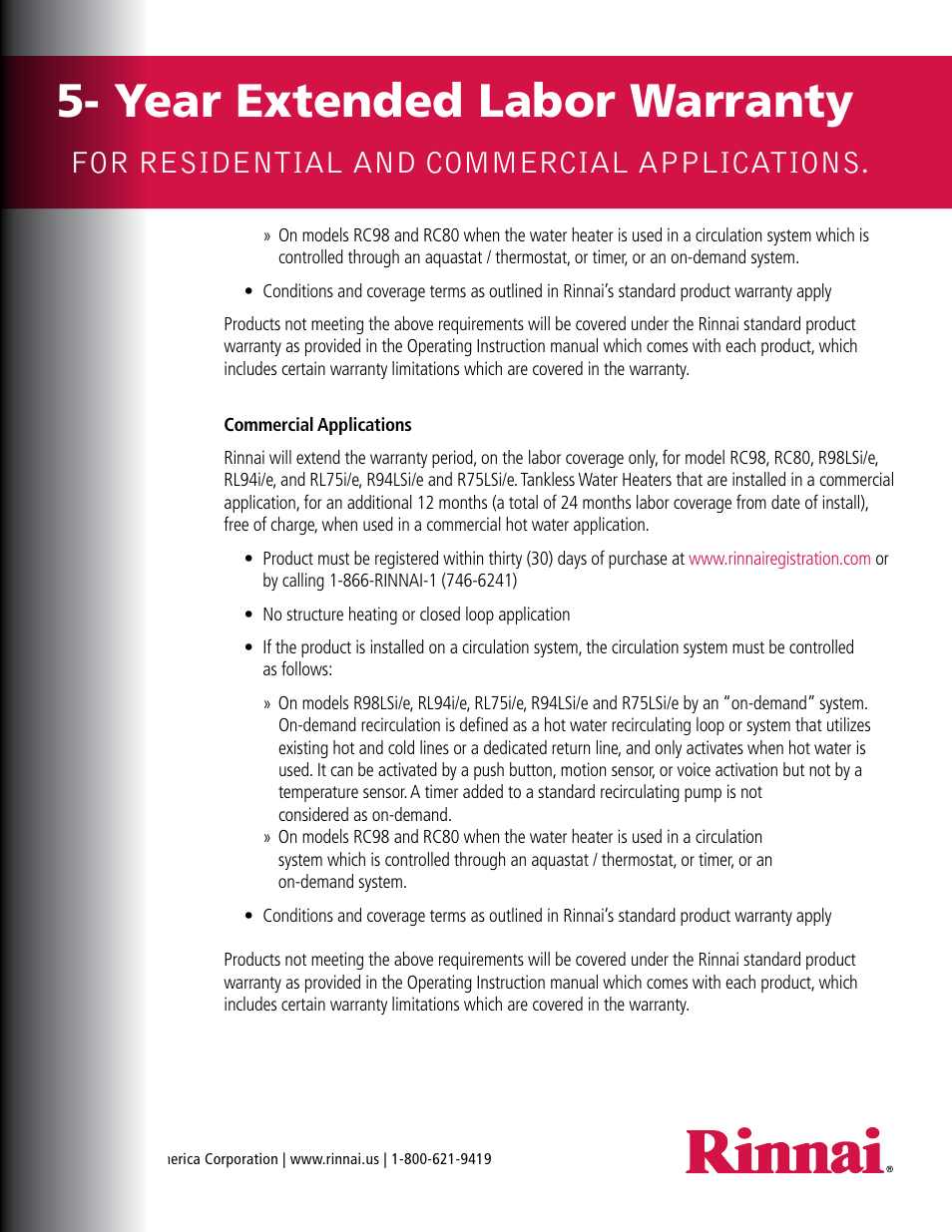 Year extended labor warranty, For residential and commercial applications | Rinnai R98LSI/E User Manual | Page 2 / 2