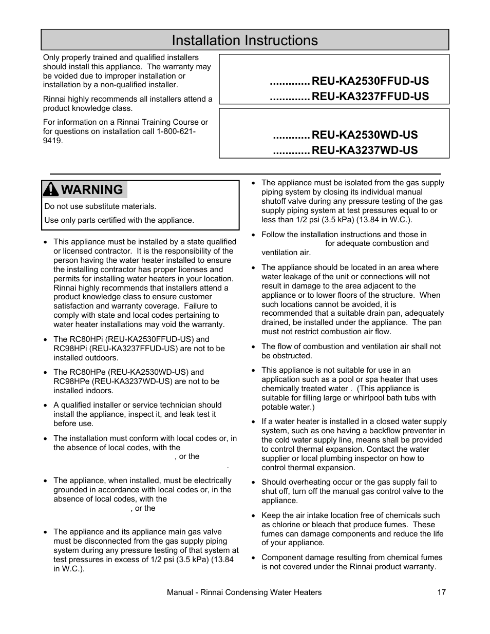 Installation instructions, Warning | Rinnai RC98HPE User Manual | Page 17 / 64