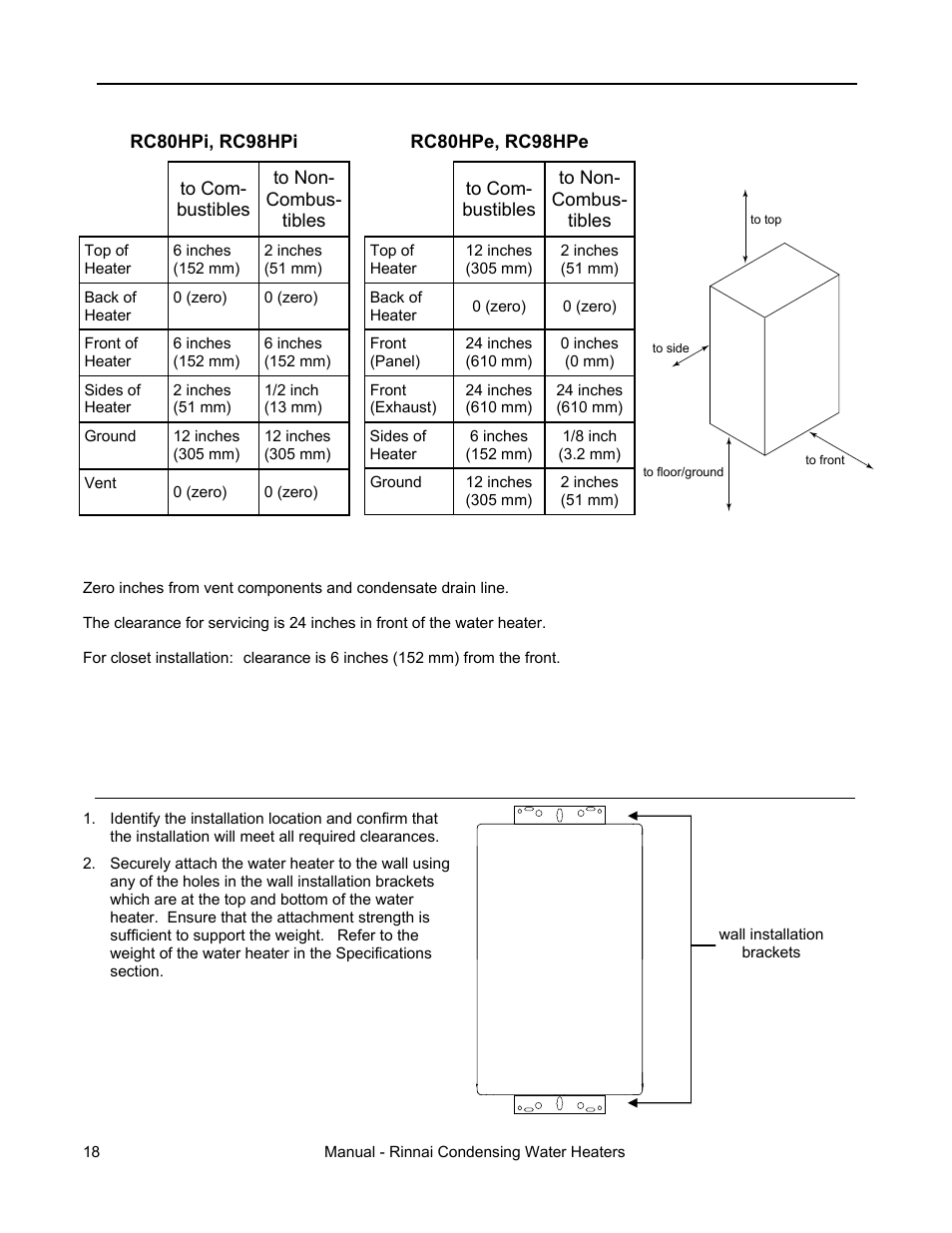 Clearances from appliance, Attachment of the water heater | Rinnai RC98HPE User Manual | Page 18 / 64