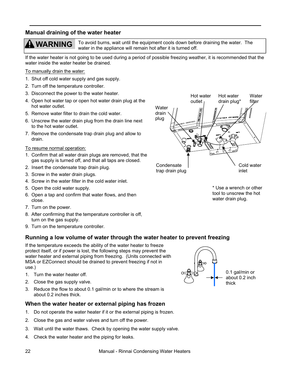 Warning, Freeze protection piping | Rinnai RC98HPE User Manual | Page 22 / 64
