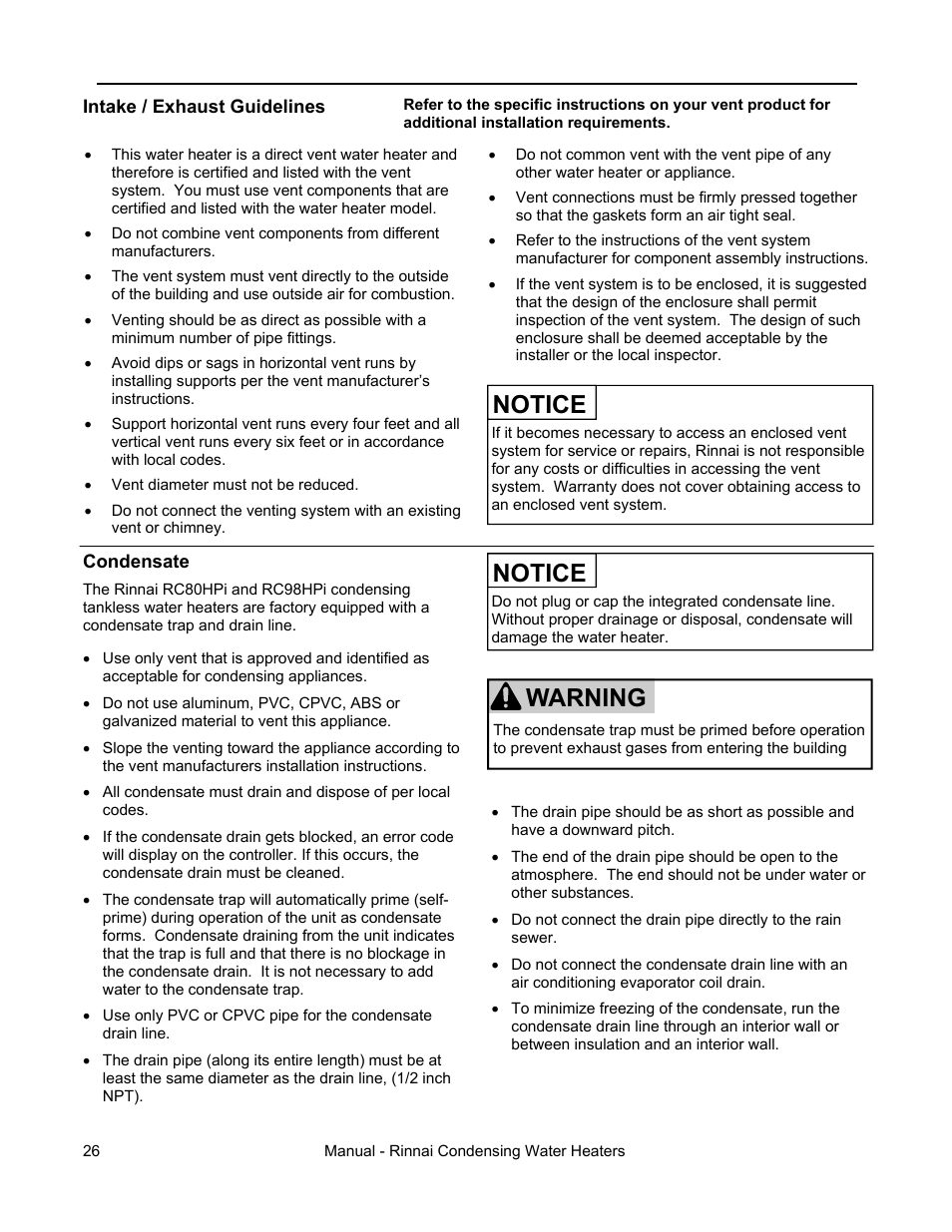 Notice, Warning, Venting instructions | Rinnai RC98HPE User Manual | Page 26 / 64