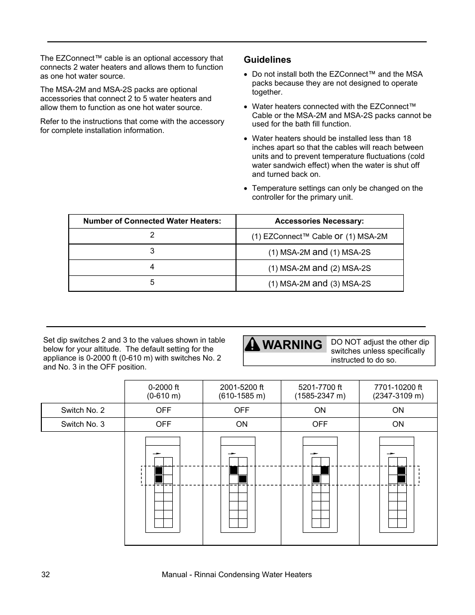 Warning, High altitude installations, Connecting multiple water heaters | Rinnai RC98HPE User Manual | Page 32 / 64