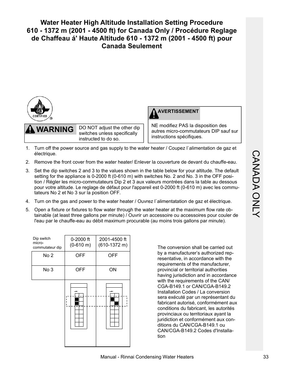 Canada onl y, Warning | Rinnai RC98HPE User Manual | Page 33 / 64
