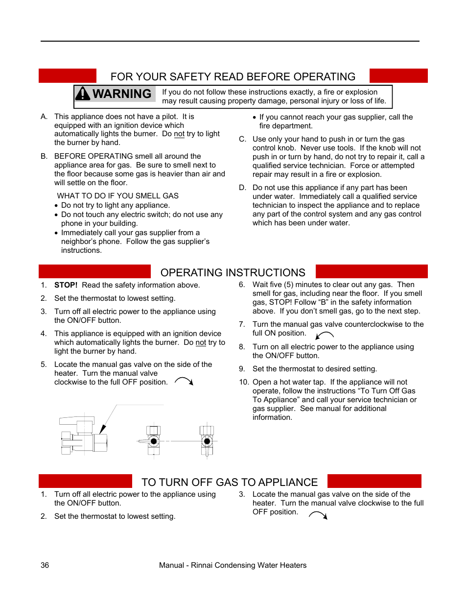 Warning | Rinnai RC98HPE User Manual | Page 36 / 64