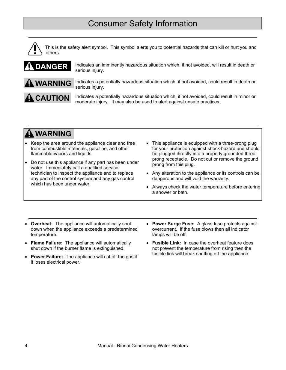 Consumer safety information, Warning, Danger caution warning | Rinnai RC98HPE User Manual | Page 4 / 64