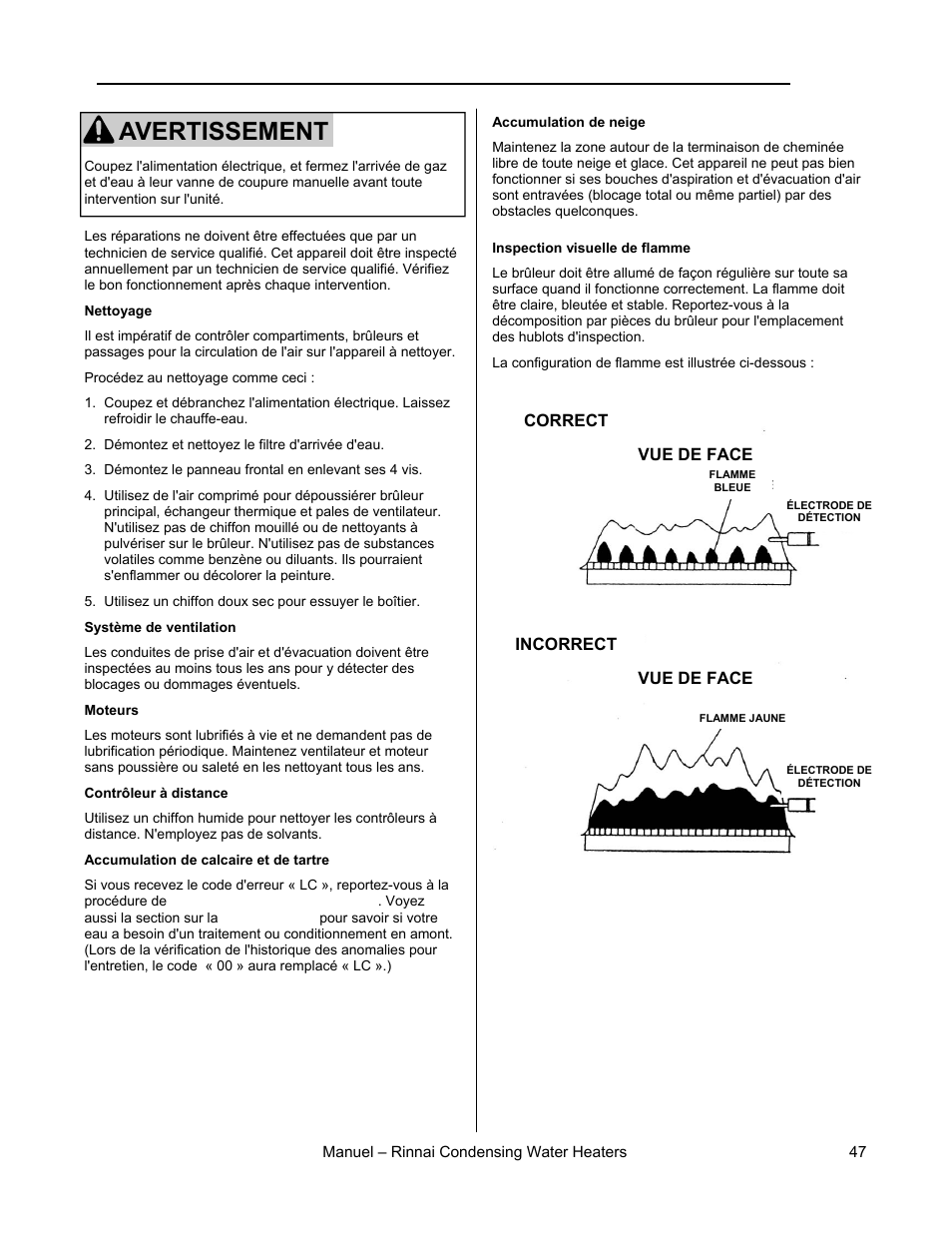 Avertissement, Entretien | Rinnai RC98HPE User Manual | Page 47 / 64