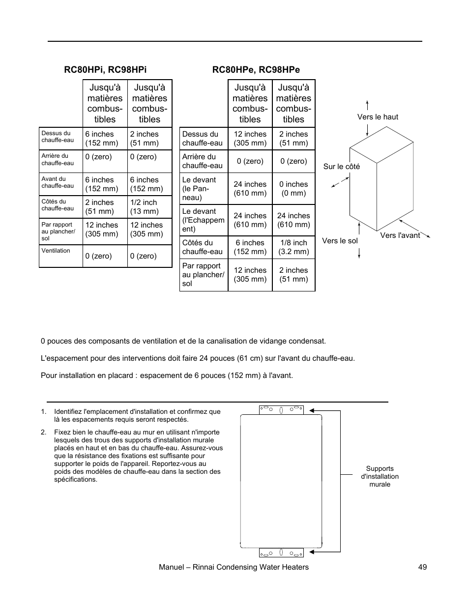 Écartements par rapport à l'appareil, Fixation du chauffe-eau | Rinnai RC98HPE User Manual | Page 49 / 64