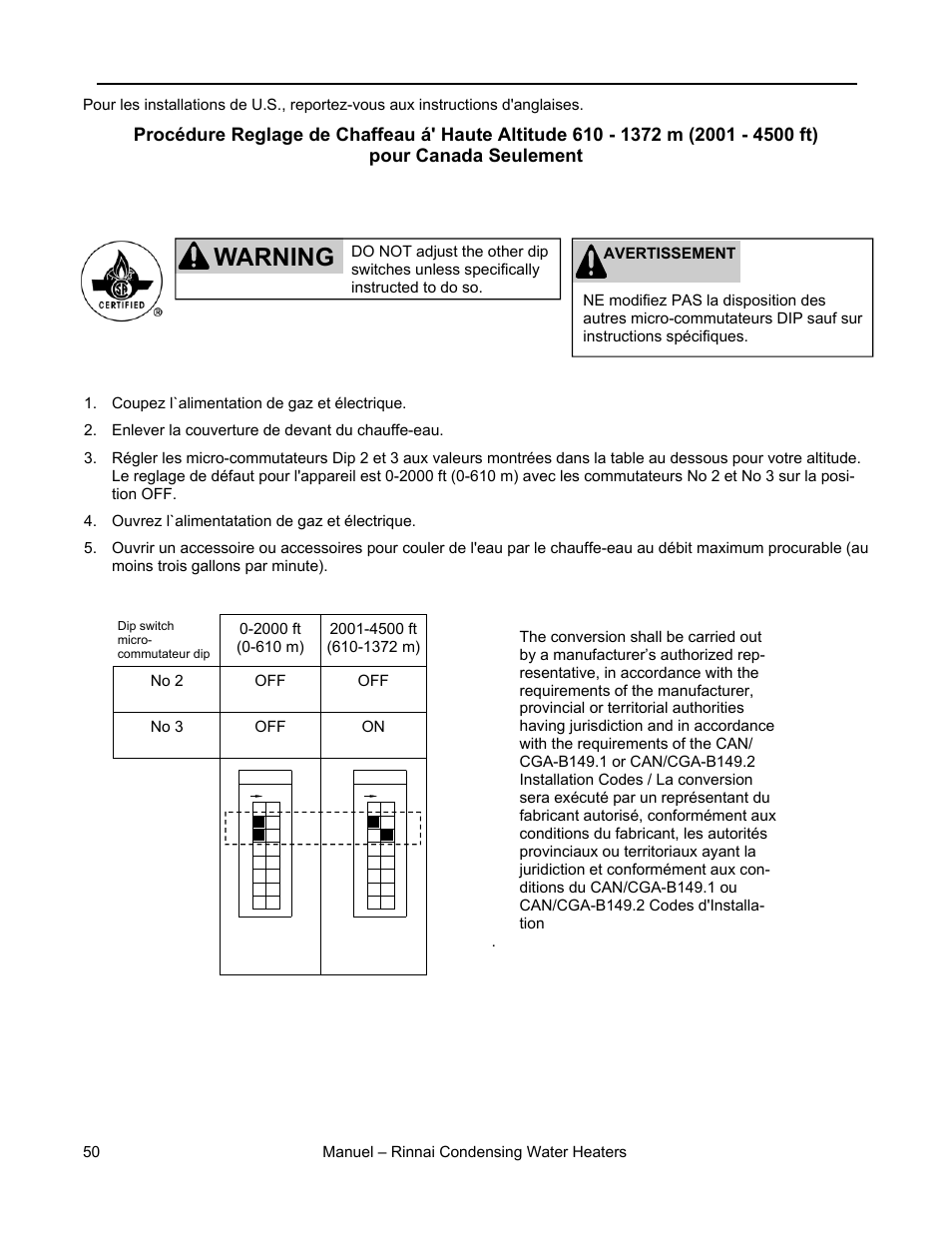 Warning, Installations à haute altitude | Rinnai RC98HPE User Manual | Page 50 / 64