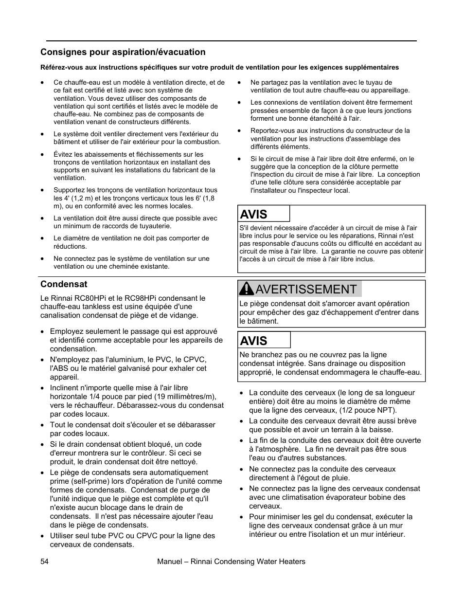 Avis, Avertissement, Instructions de ventilation | Rinnai RC98HPE User Manual | Page 54 / 64