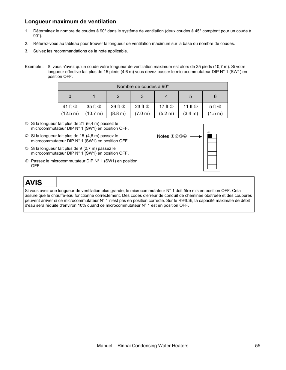 Avis, Longueur maximum de ventilation | Rinnai RC98HPE User Manual | Page 55 / 64