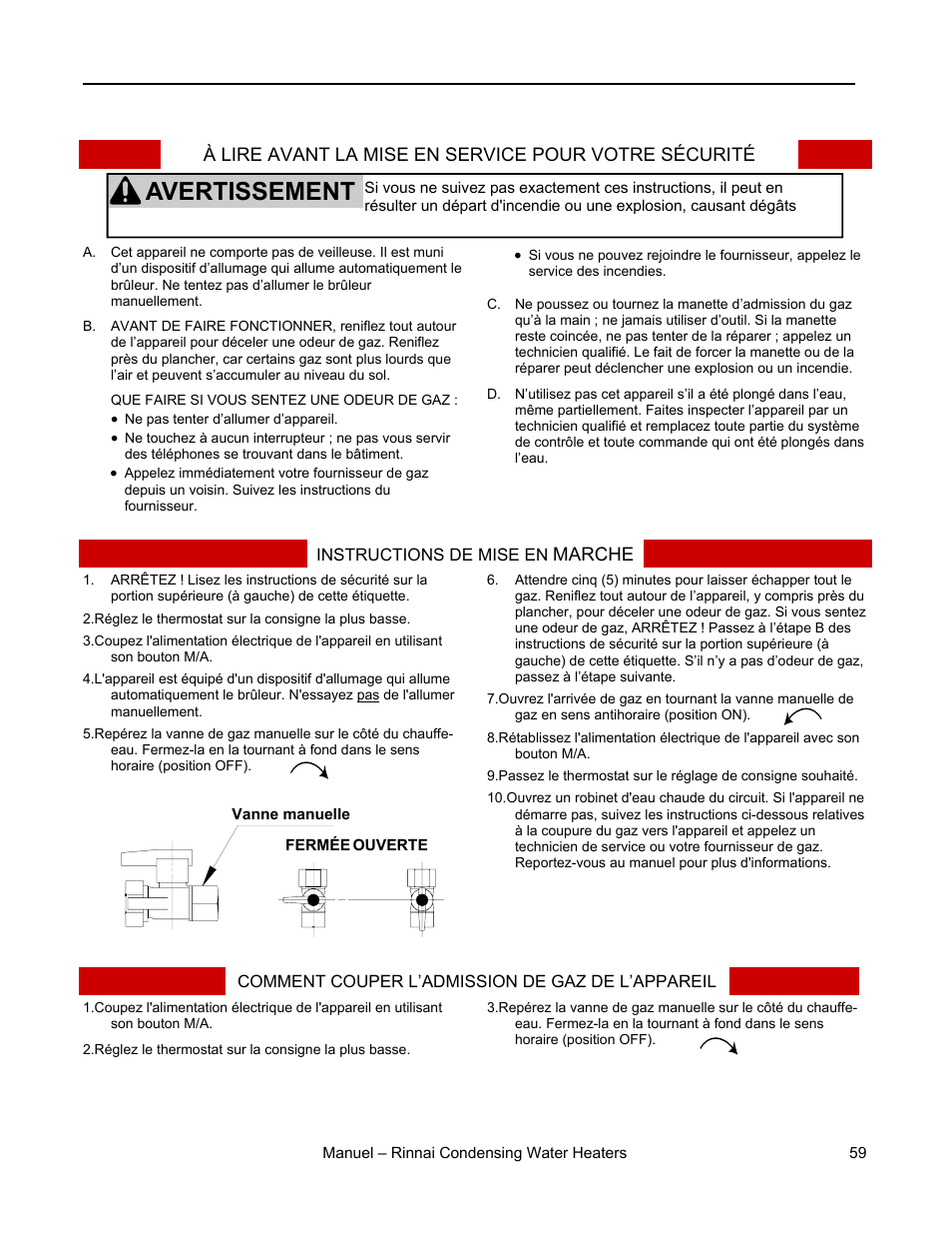 Avertissement, Instructions d'utilisation | Rinnai RC98HPE User Manual | Page 59 / 64