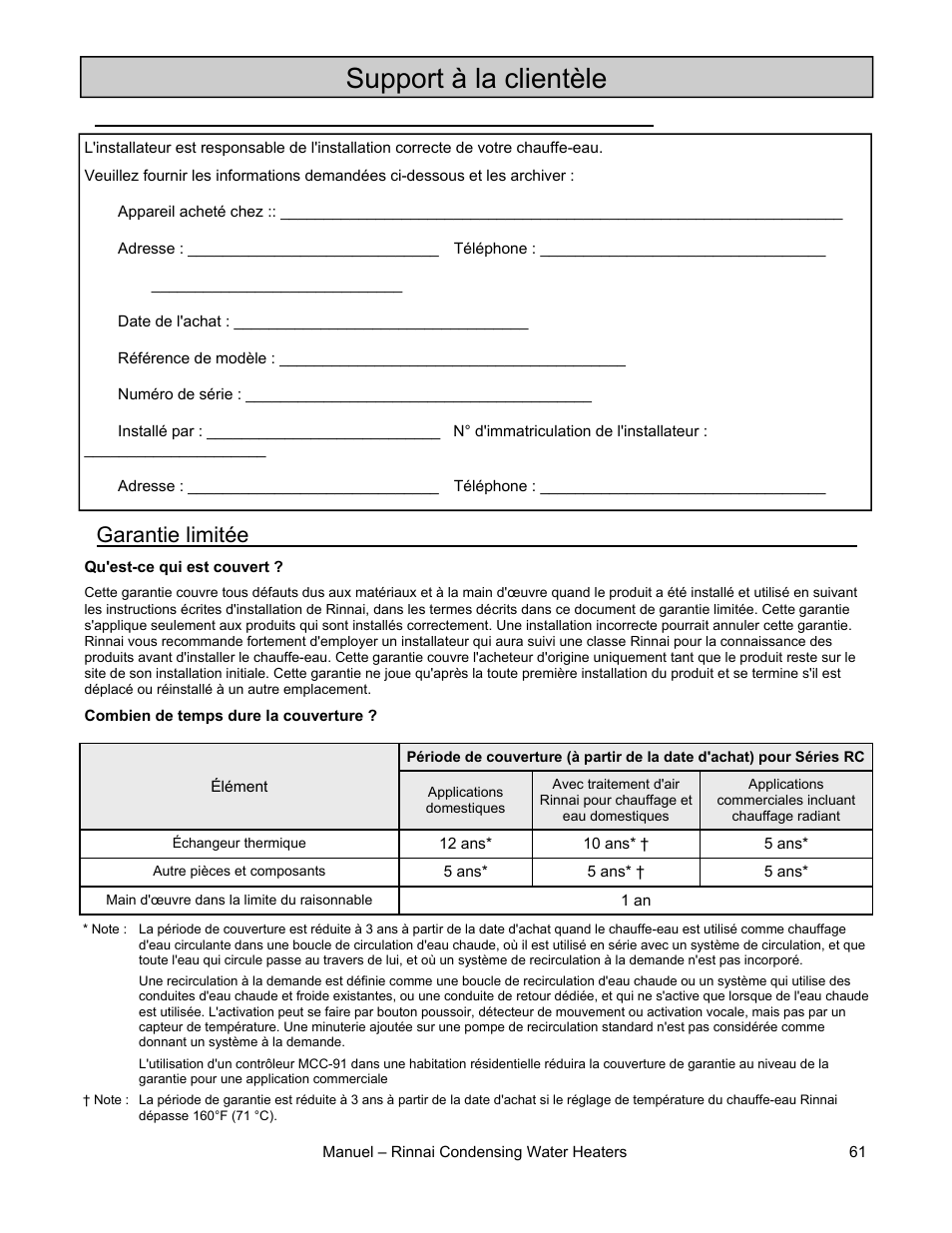 Support à la clientèle | Rinnai RC98HPE User Manual | Page 61 / 64