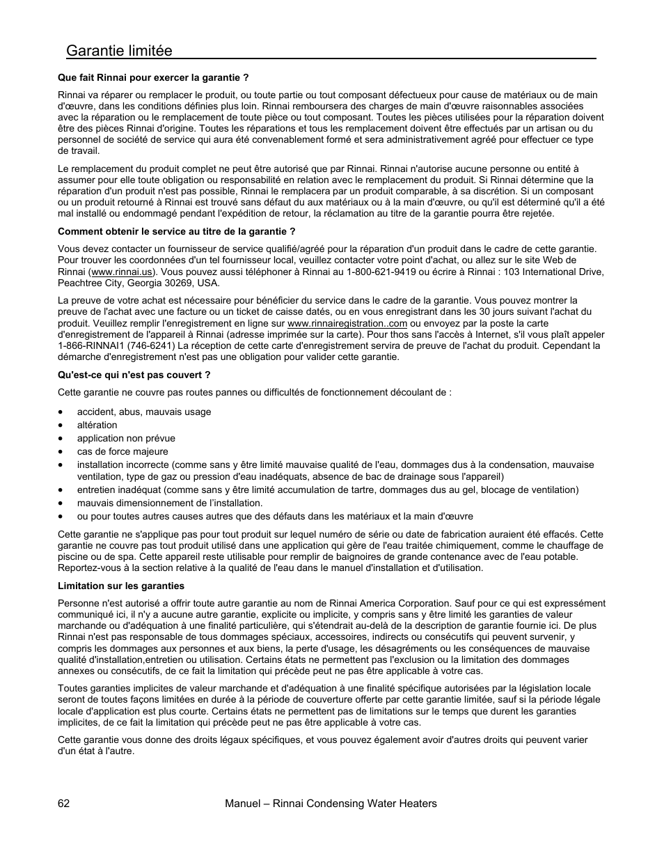 Garantie limitée | Rinnai RC98HPE User Manual | Page 62 / 64