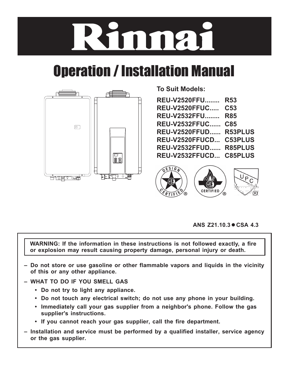 Rinnai Water Heater REU-V2520FFUD User Manual | 48 pages