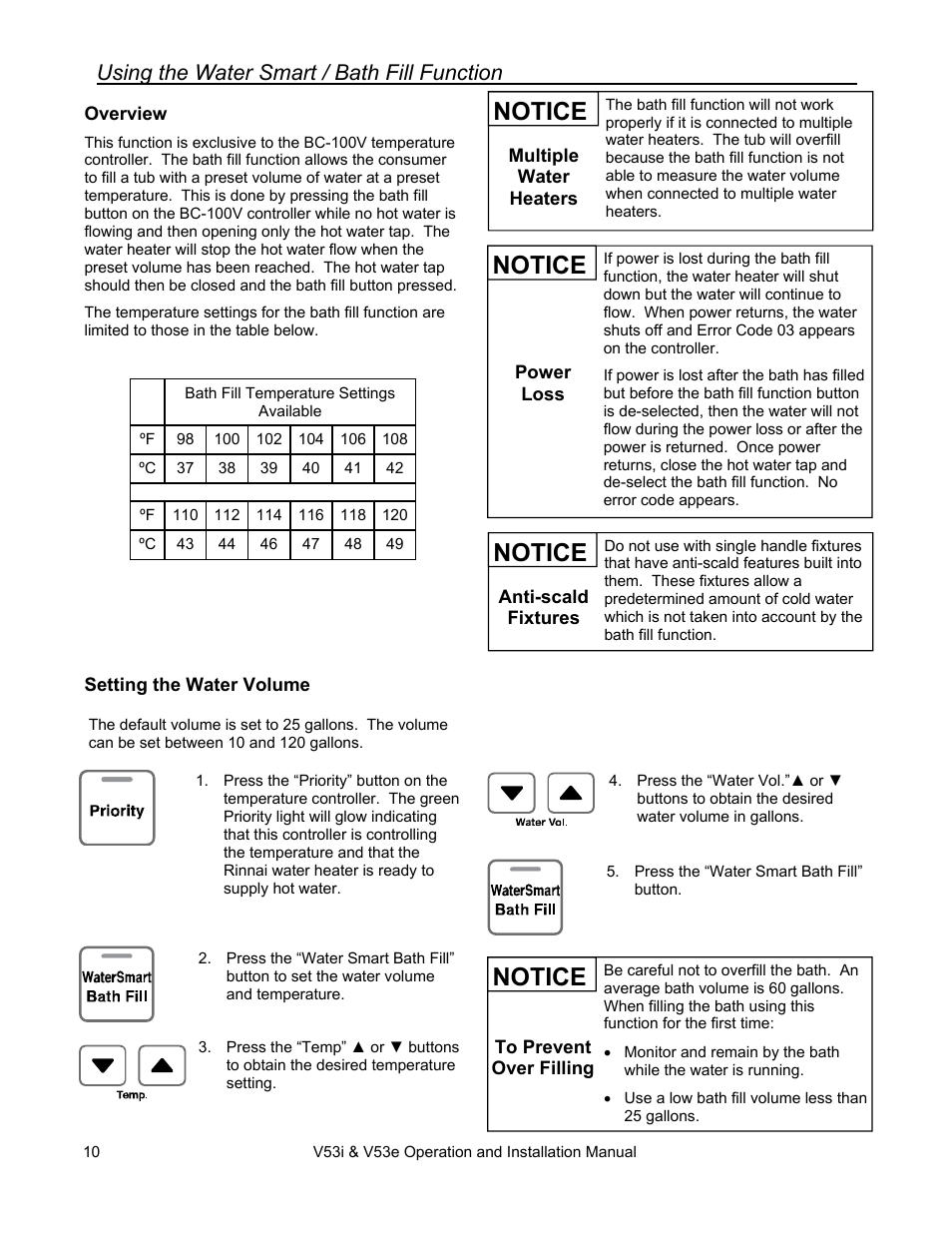 Notice, Using the water smart / bath fill function | Rinnai V53I User Manual | Page 10 / 64