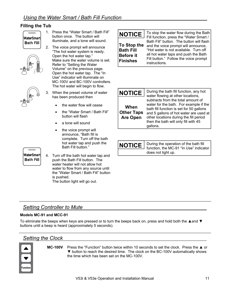 Notice, Setting controller to mute, Using the water smart / bath fill function | Setting the clock | Rinnai V53I User Manual | Page 11 / 64