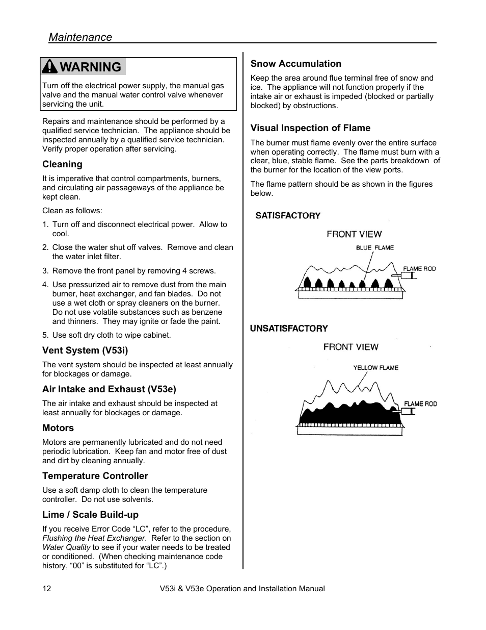 Warning, Maintenance | Rinnai V53I User Manual | Page 12 / 64