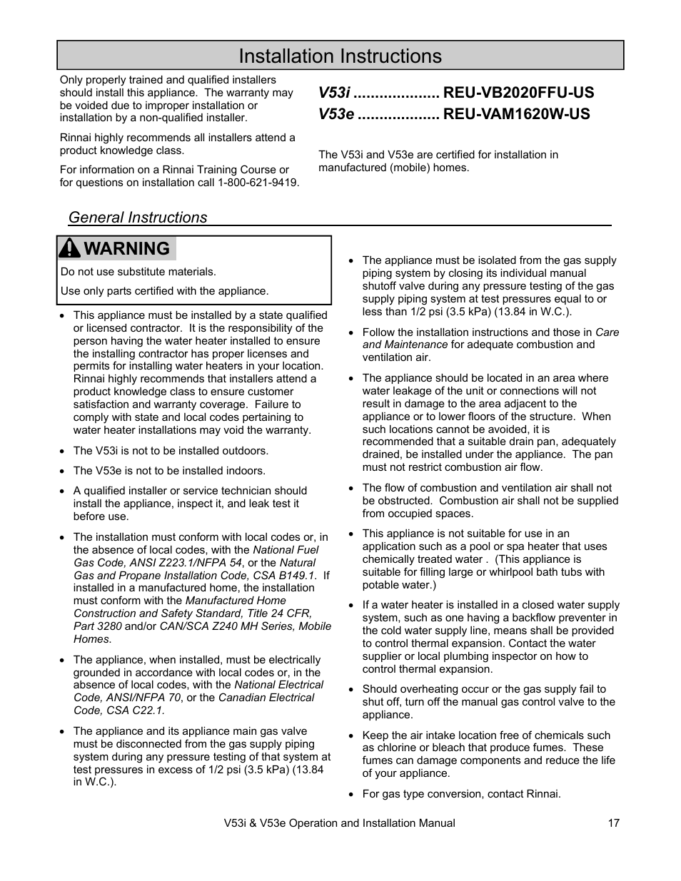 Installation instructions, Warning, General instructions | Rinnai V53I User Manual | Page 17 / 64