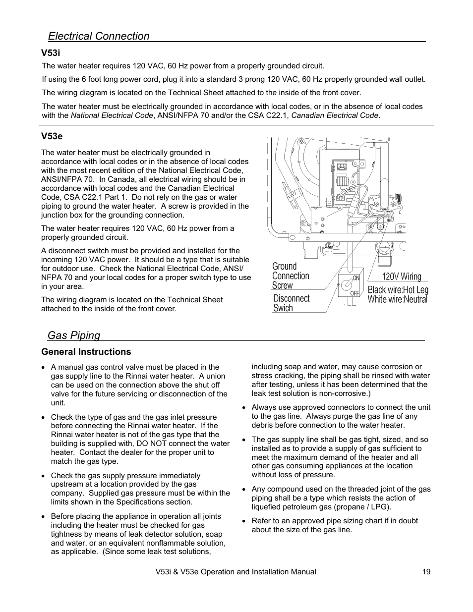 Gas piping, Electrical connection | Rinnai V53I User Manual | Page 19 / 64