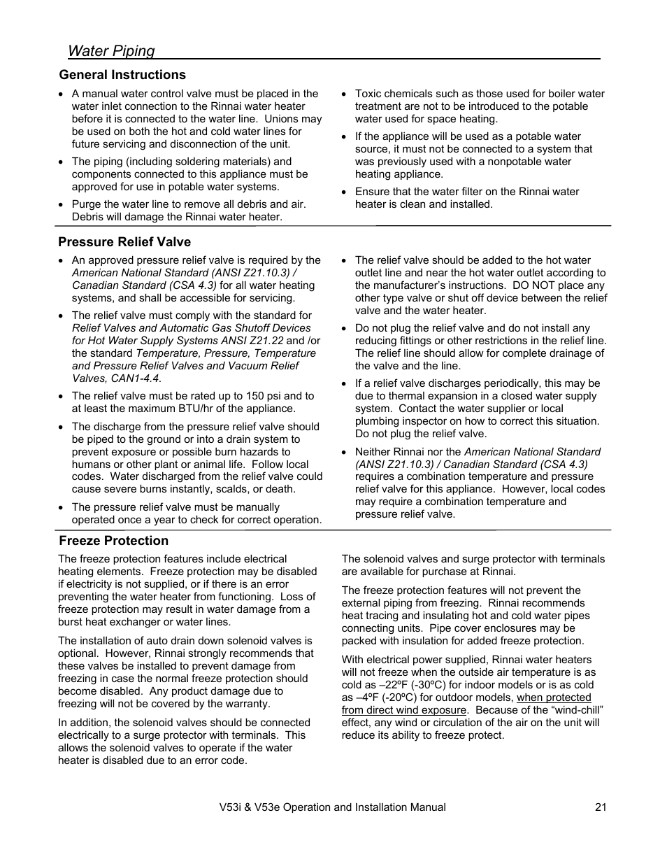 Water piping | Rinnai V53I User Manual | Page 21 / 64