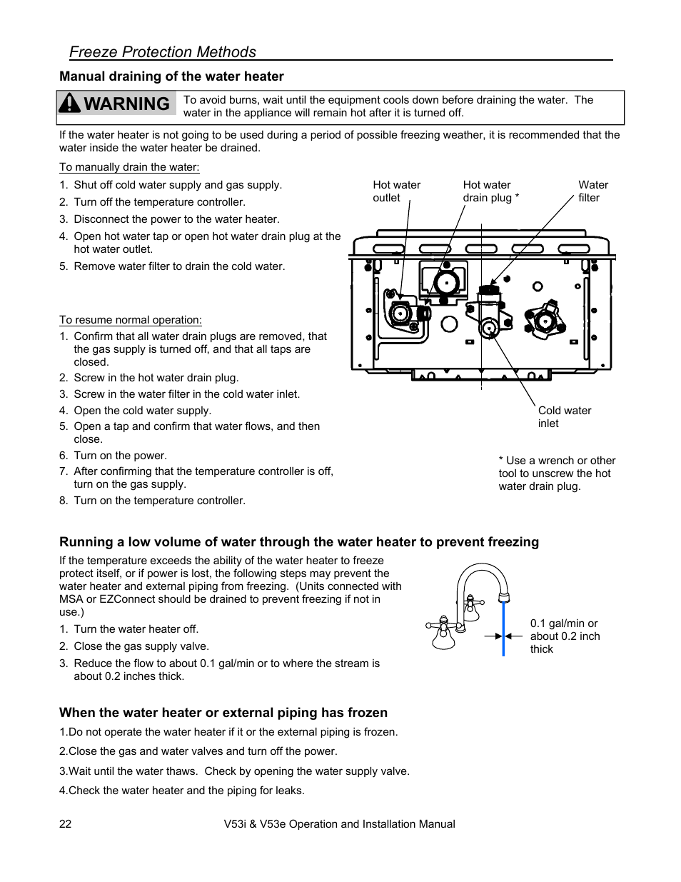 Warning, Freeze protection methods | Rinnai V53I User Manual | Page 22 / 64