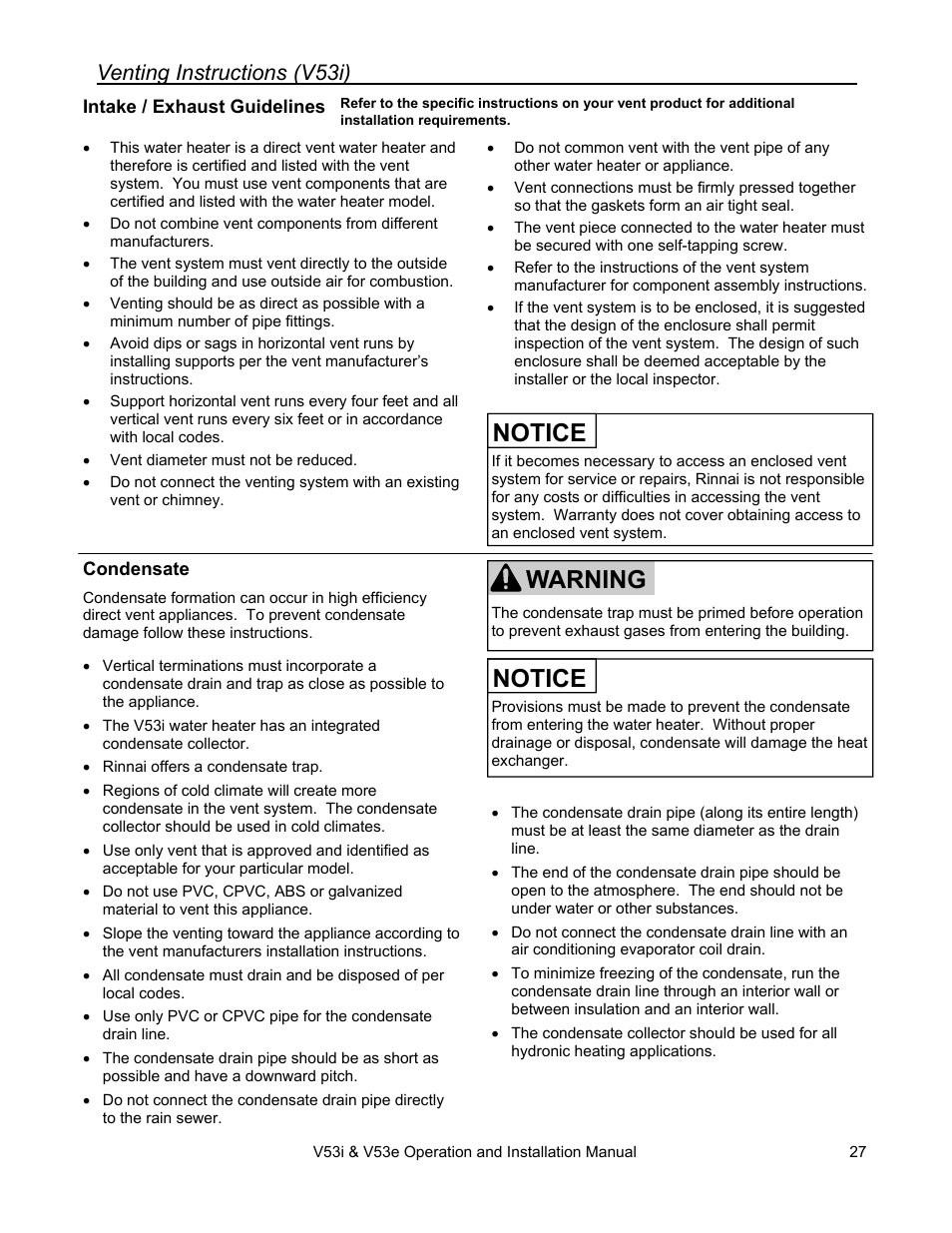 Notice, Warning, Venting instructions (v53i) | Rinnai V53I User Manual | Page 27 / 64