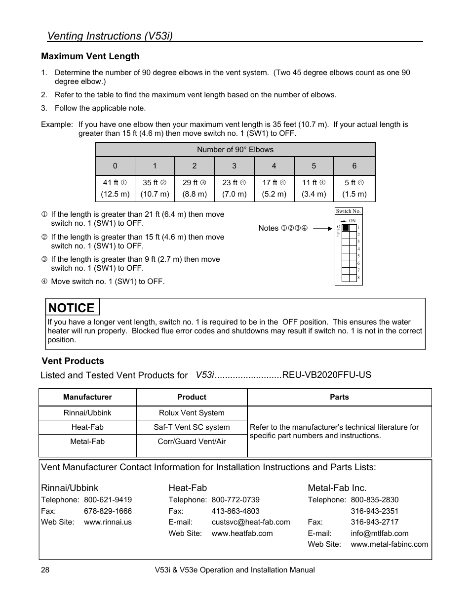 Notice, Venting instructions (v53i) | Rinnai V53I User Manual | Page 28 / 64