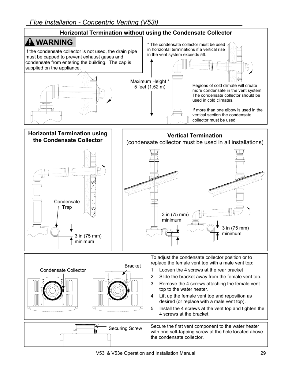 Warning, Flue installation - concentric venting (v53i) | Rinnai V53I User Manual | Page 29 / 64