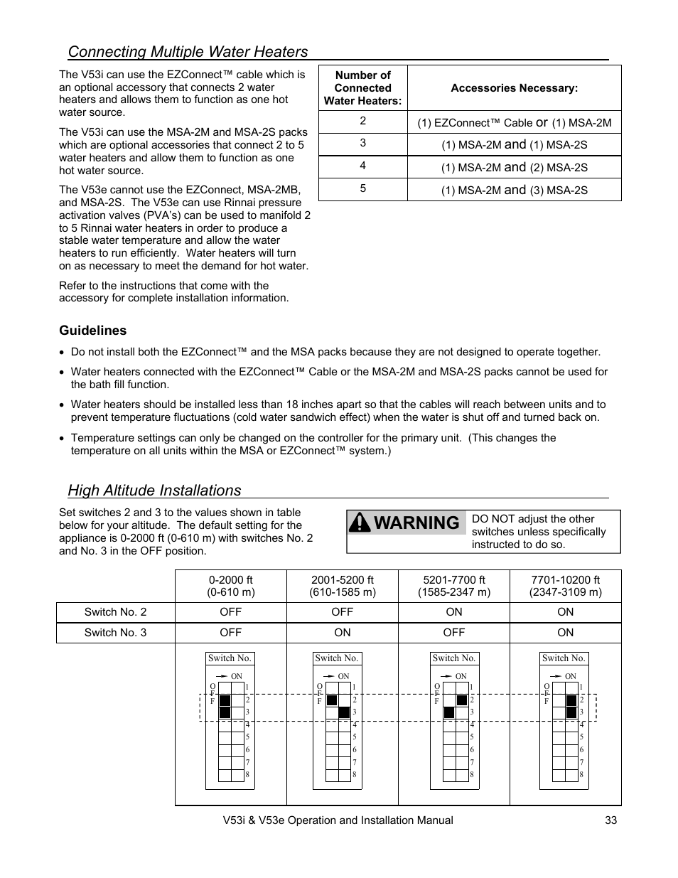 Warning, High altitude installations, Connecting multiple water heaters | Guidelines | Rinnai V53I User Manual | Page 33 / 64