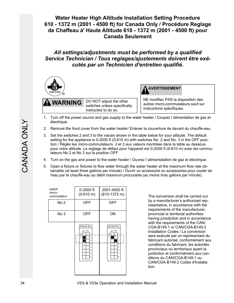 Canada onl y, Warning | Rinnai V53I User Manual | Page 34 / 64