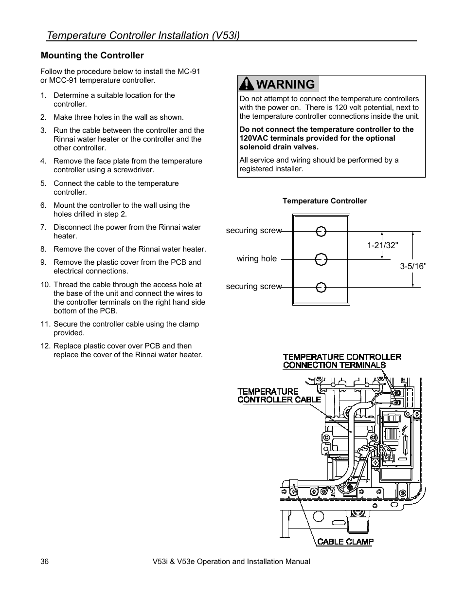 Warning, Temperature controller installation (v53i) | Rinnai V53I User Manual | Page 36 / 64