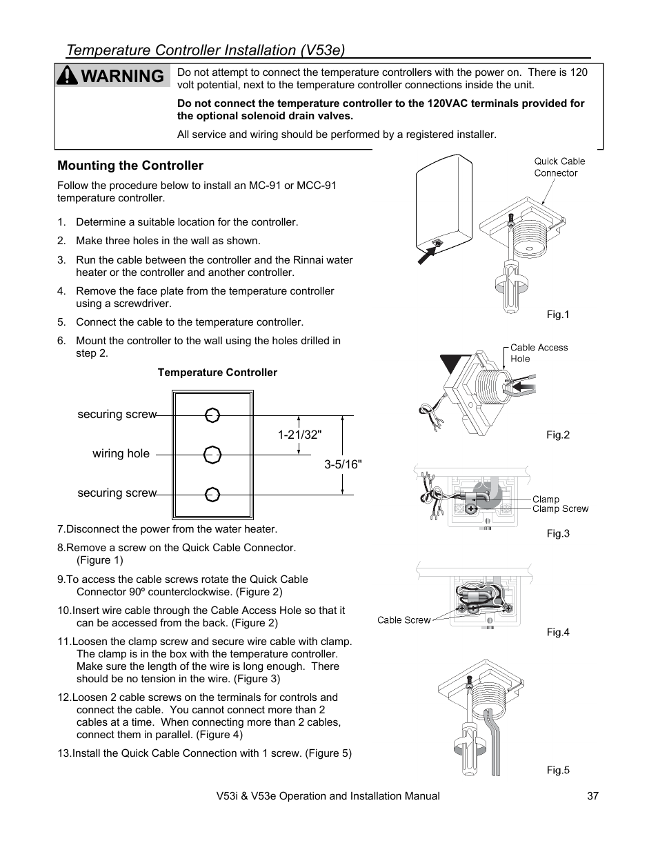 Warning, Temperature controller installation (v53e) | Rinnai V53I User Manual | Page 37 / 64