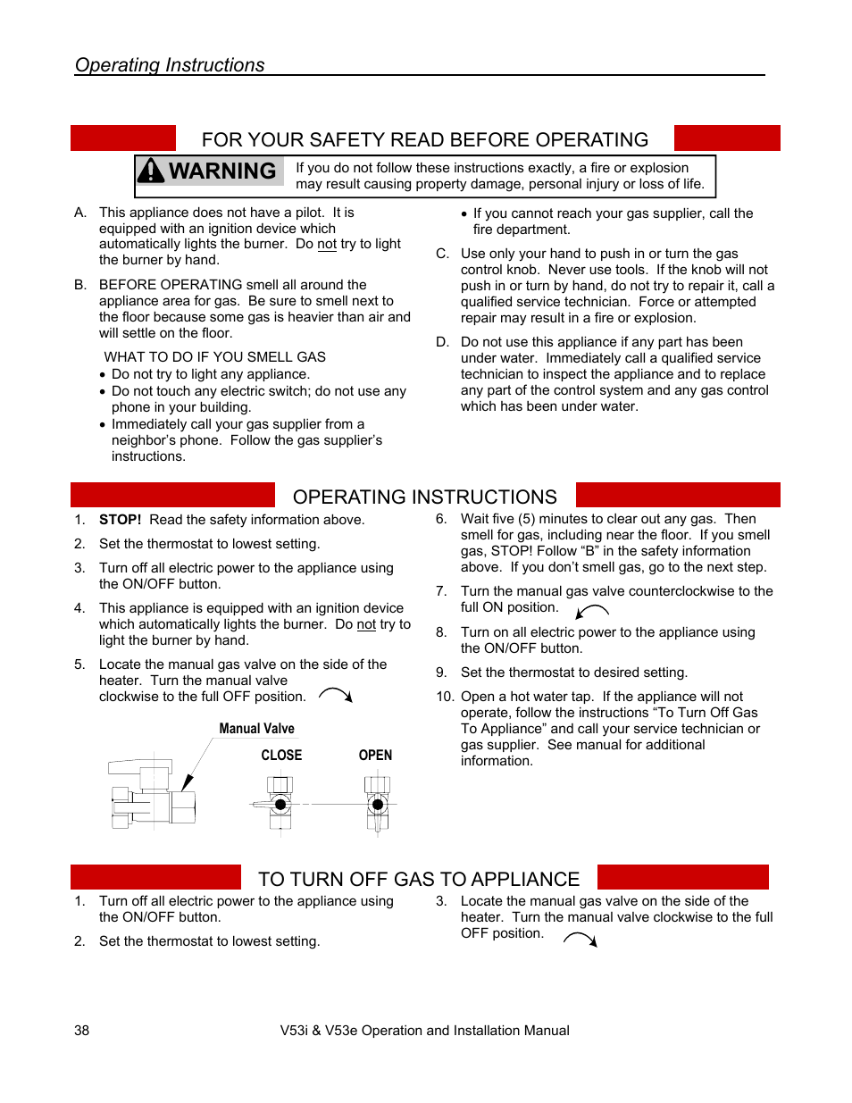 Warning, Operating instructions, For your safety read before operating | Rinnai V53I User Manual | Page 38 / 64