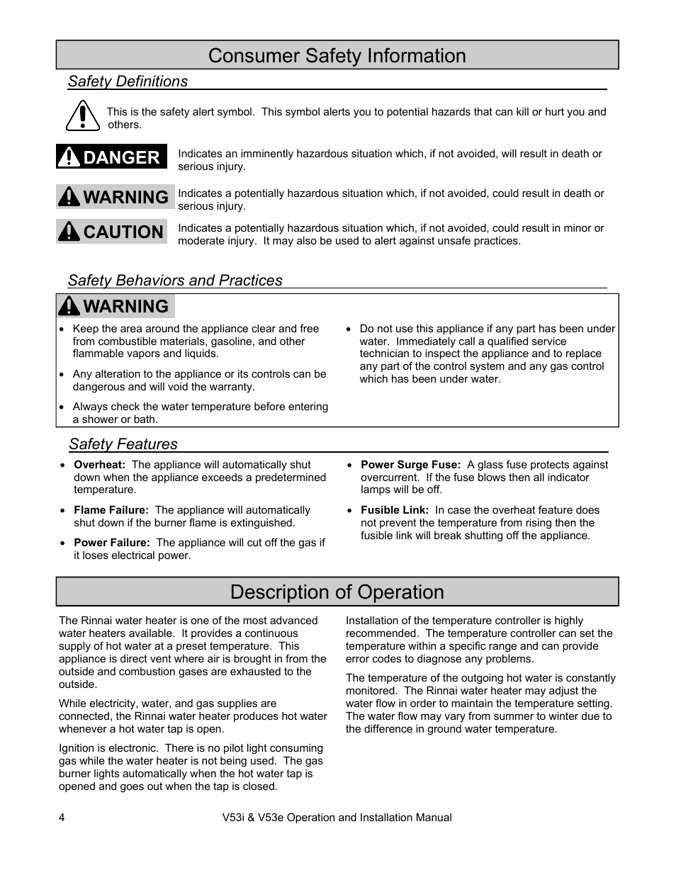 Consumer safety information, Description of operation, Warning | Danger caution warning | Rinnai V53I User Manual | Page 4 / 64