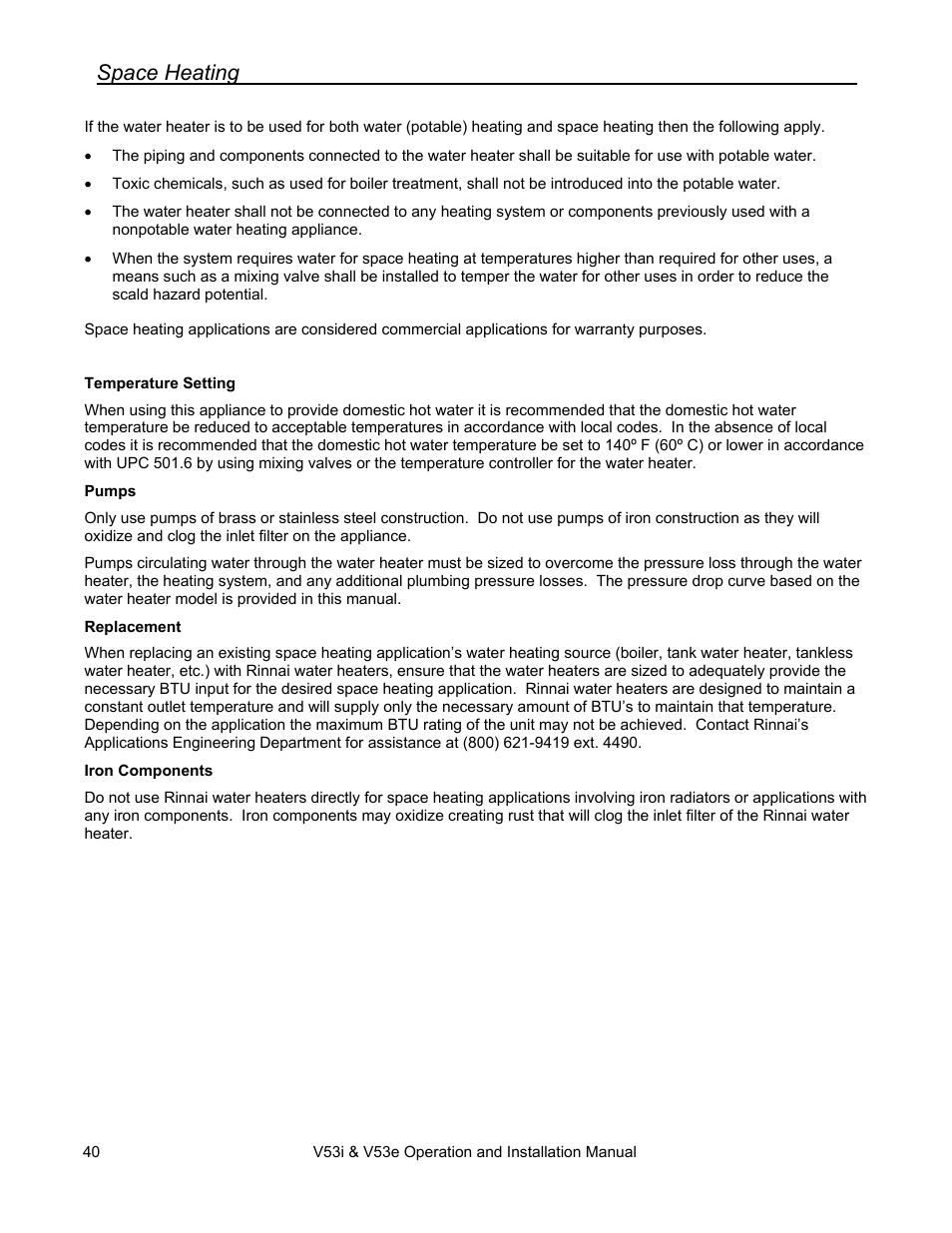 Space heating | Rinnai V53I User Manual | Page 40 / 64