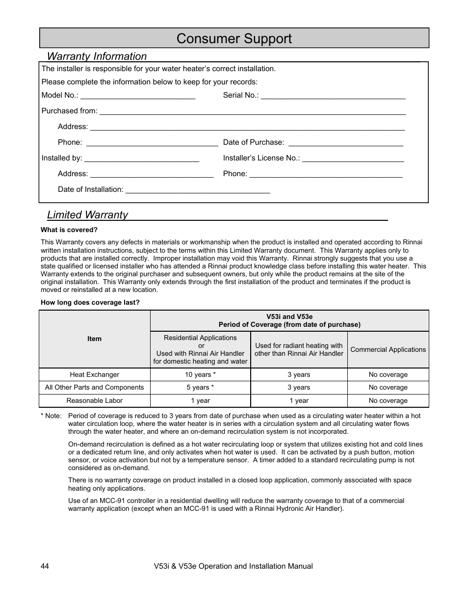 Consumer support, Limited warranty, Warranty information | Rinnai V53I User Manual | Page 44 / 64