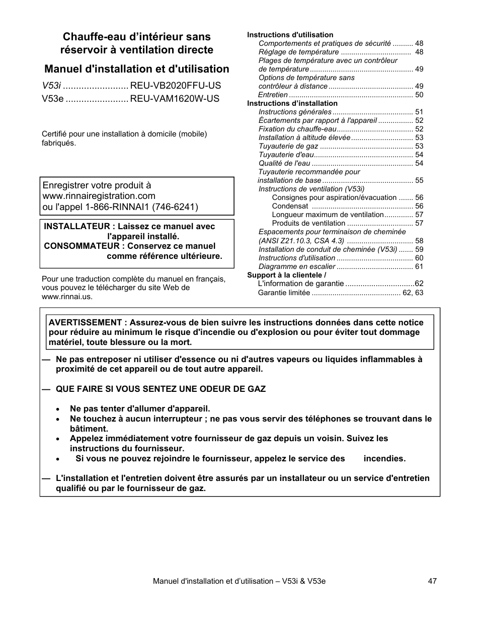 Manuel d'installation et d'utilisation | Rinnai V53I User Manual | Page 47 / 64