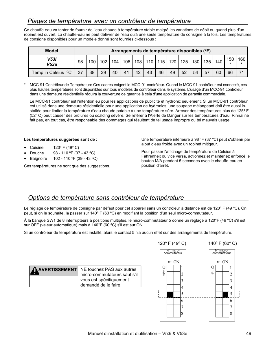 Plages de température, Avec un contrôleur de température | Rinnai V53I User Manual | Page 49 / 64