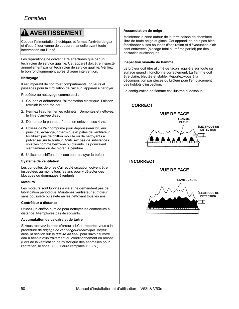 Avertissement, Entretien | Rinnai V53I User Manual | Page 50 / 64