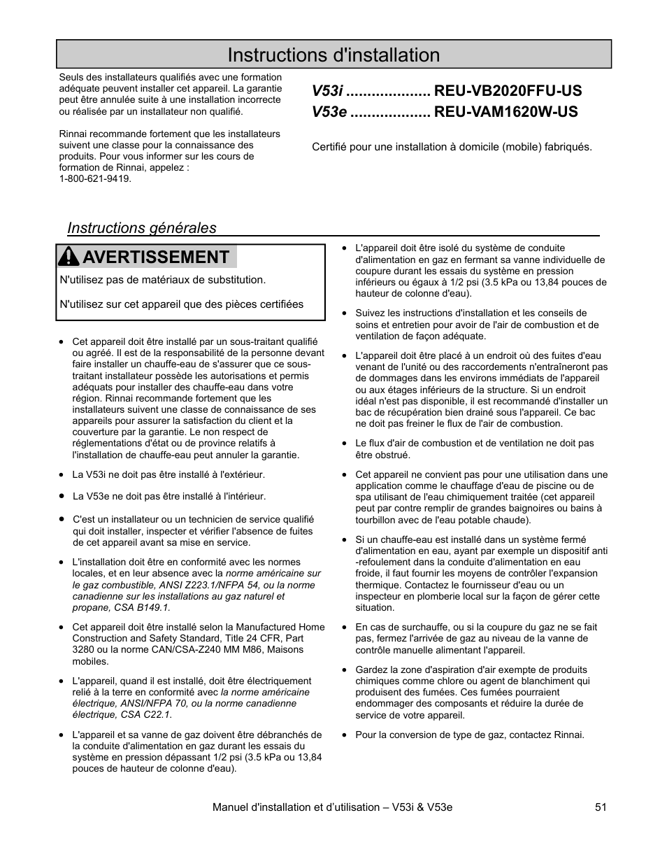 Instructions d'installation, Avertissement, Instructions générales | Rinnai V53I User Manual | Page 51 / 64