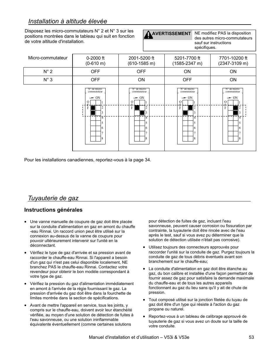 Installation à altitude élevée, Tuyauterie de gaz, Instructions générales | Rinnai V53I User Manual | Page 53 / 64