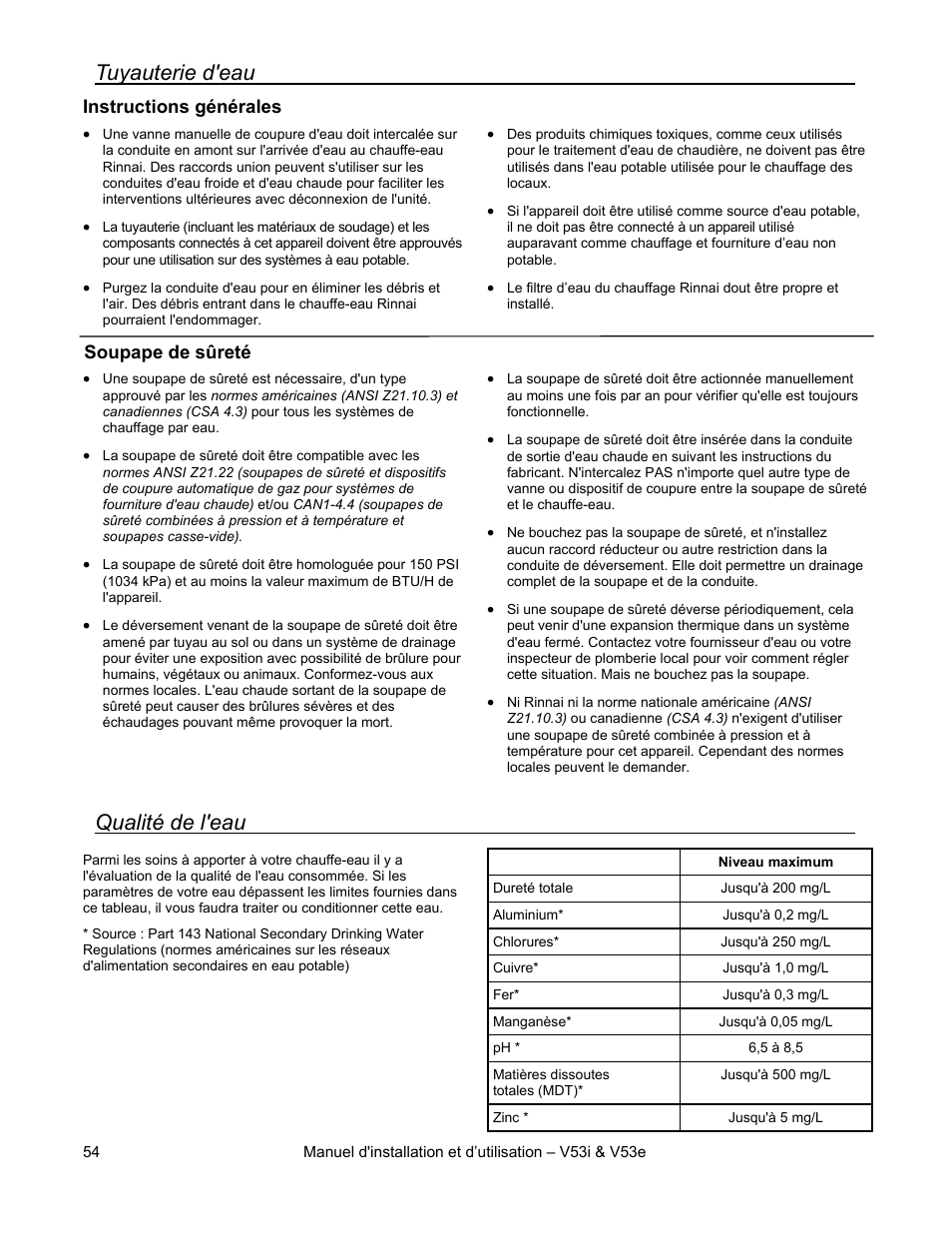 Tuyauterie d'eau, Qualité de l'eau | Rinnai V53I User Manual | Page 54 / 64