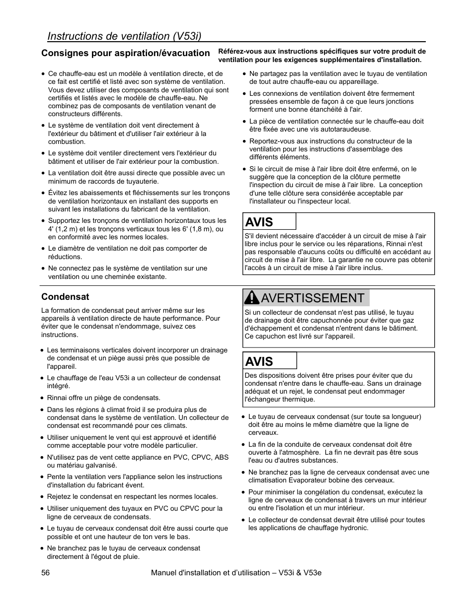 Avis, Avertissement, Instructions de ventilation (v53i) | Rinnai V53I User Manual | Page 56 / 64