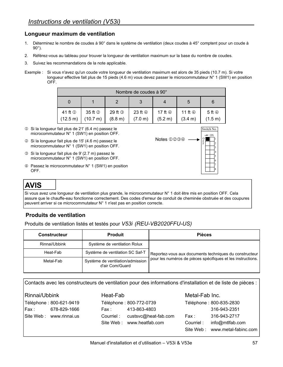 Avis, Instructions de ventilation (v53i) | Rinnai V53I User Manual | Page 57 / 64